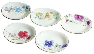 Japanese Mino Ware 5 Small Plates Set 'Cherry Blossom Bloom' Gift Box Porcelain