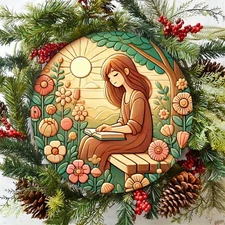 7.87 Inch Round Aluminum Foil Carved Metal Wall Art - Garden Flower & Sunlight