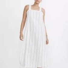 Madewell Striped Linen Blend Button Strap Midi Dress White Blue Tan Large