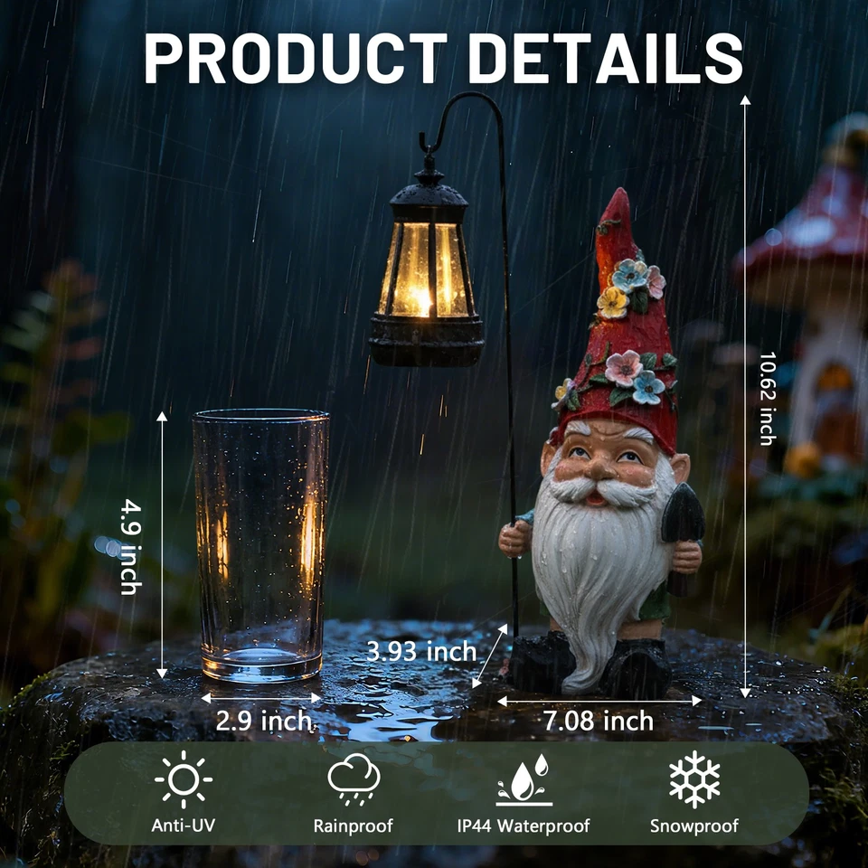 Garden Gnome Statue with Solar Light - Waterproof Resin Outdoor Decor - Image 3 of 4