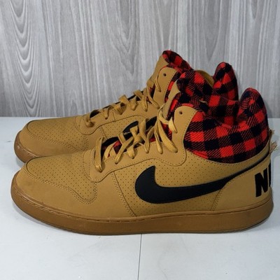 Nike Court Borough Mid Prem Basketball Boot Sneaker Tan Red Black Plaid Sz 11.5