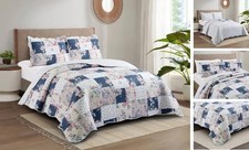 Roses in Beige Quilt Set, 3-Piece Bedding Sets, Quilt Set Queen Vintage Indigo