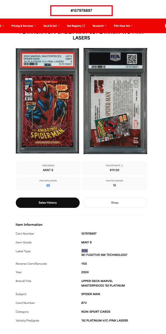 2024 Marvel Masterpieces '92 Platinum PINK LASERS VARIANT #87V Spider-Man PSA 9 view 3