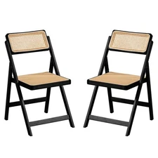Rattan Folding Chairs, Modern Mid Century Dining Chairs Set of 2, Outdoor Bam...