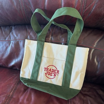 Trader Joe's Canvas Tote Reusable Foldable Bag Green & White, Red Lettering