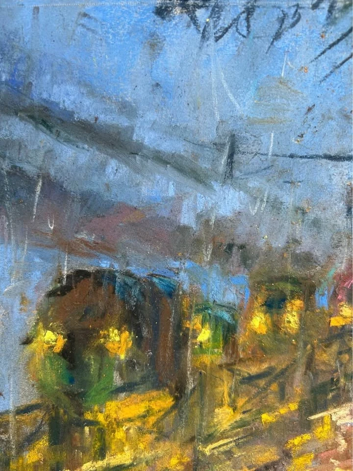 Pintura pastel hecha a mano, arte de pared Monsoon Rain Street 9x12, firmado por artista Foto 2 de 4