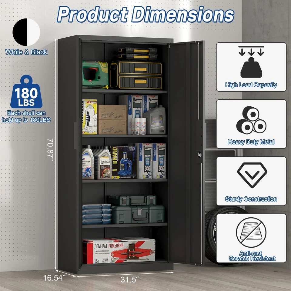 Armario de almacenamiento de metal, armario de almacenamiento de acero con cerradura con puertas y estantes Foto 3 de 4