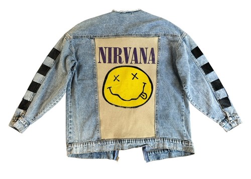 NIRVANA Upcycled Grunge Denim Jacket 90s Punk Rock Retro Vintage Checkered Sz M - Picture 6 of 9