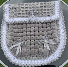 Beautiful Thick Pom Pom Blanket Pram Size grey/white