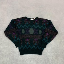 Vintage abstract knitted jumper Patterned Grandad knit sweater Men's M