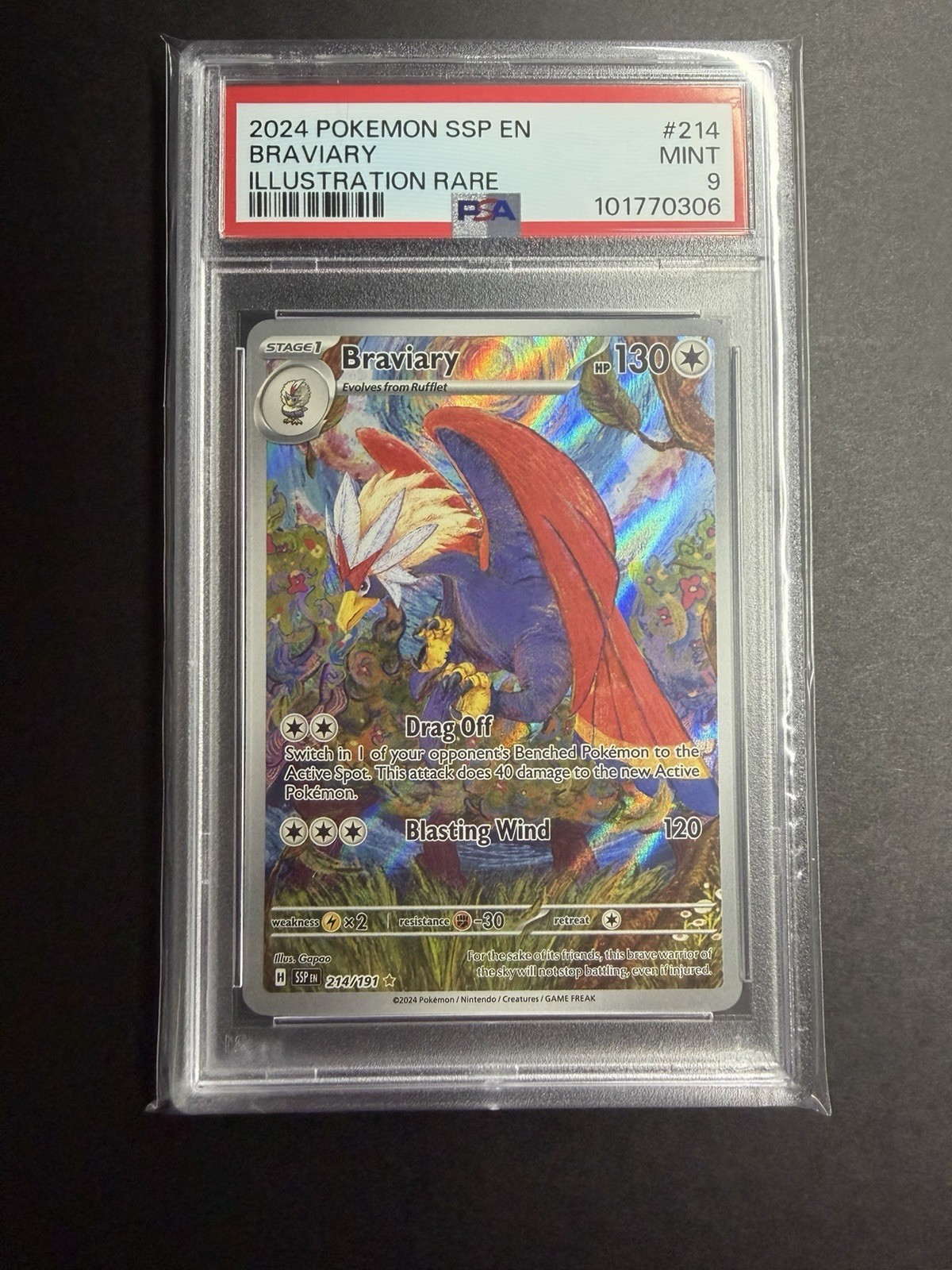 PSA 9 MINT Braviary #214, 2024 Pokemon Surging Sparks, SSP EN