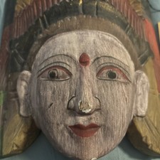 Hand Carved Wooden Wall Mask Hand Painted Folk Art Asian Style Vintage