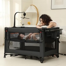 Baby Bassinet Bedside Sleeper Playard with Changing Table Foldable Travel Black