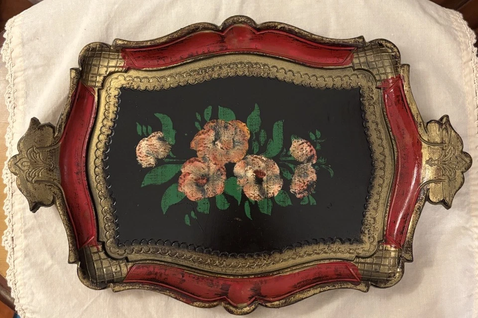 "Bandeja de bodegón vintage florentina hecha en Italia dorada con flores pintadas 14""x9""" Foto 2 de 3