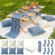 91 x 71 Extra Large Outdoor Boho White Picnic Blanket with Blue Table Runner,...