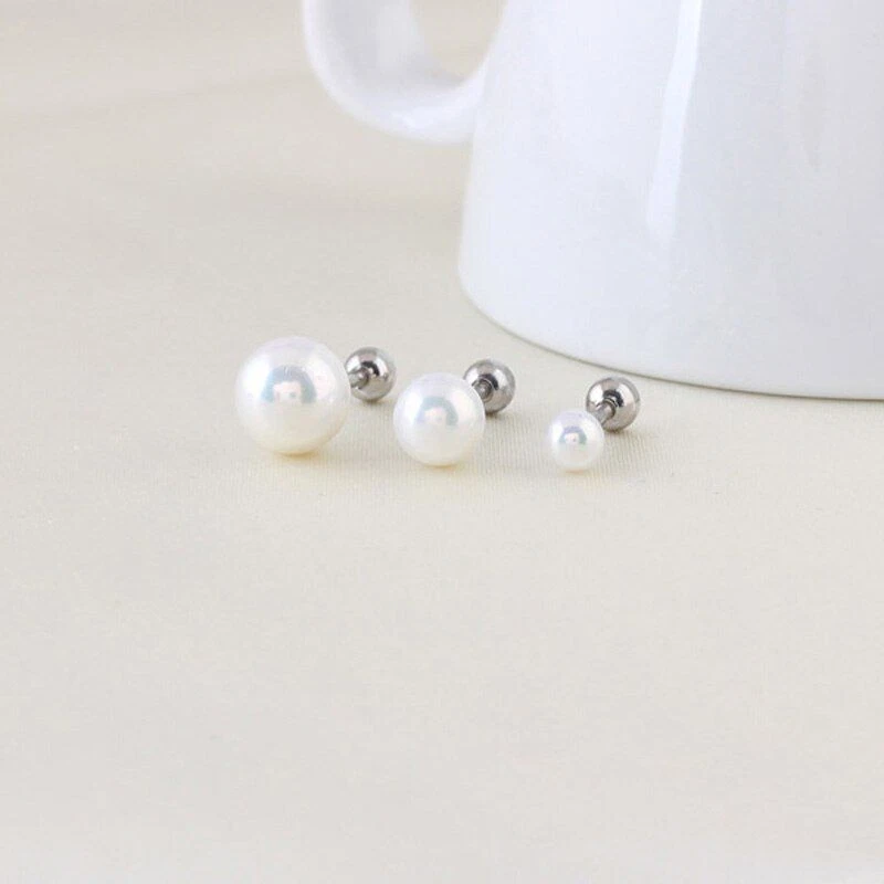 Pendiente de bola de perlas-anillo de acero al titanio para mujer joyería clásica atornillada Foto 4 de 4