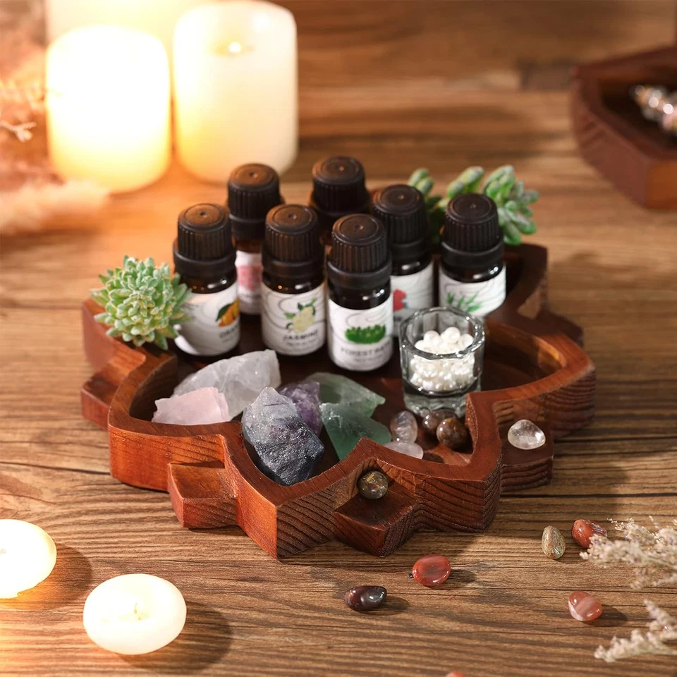 Bandeja de cristal mandala de loto soporte de cristal de madera para piedras cristal en forma de loto Foto 2 de 4