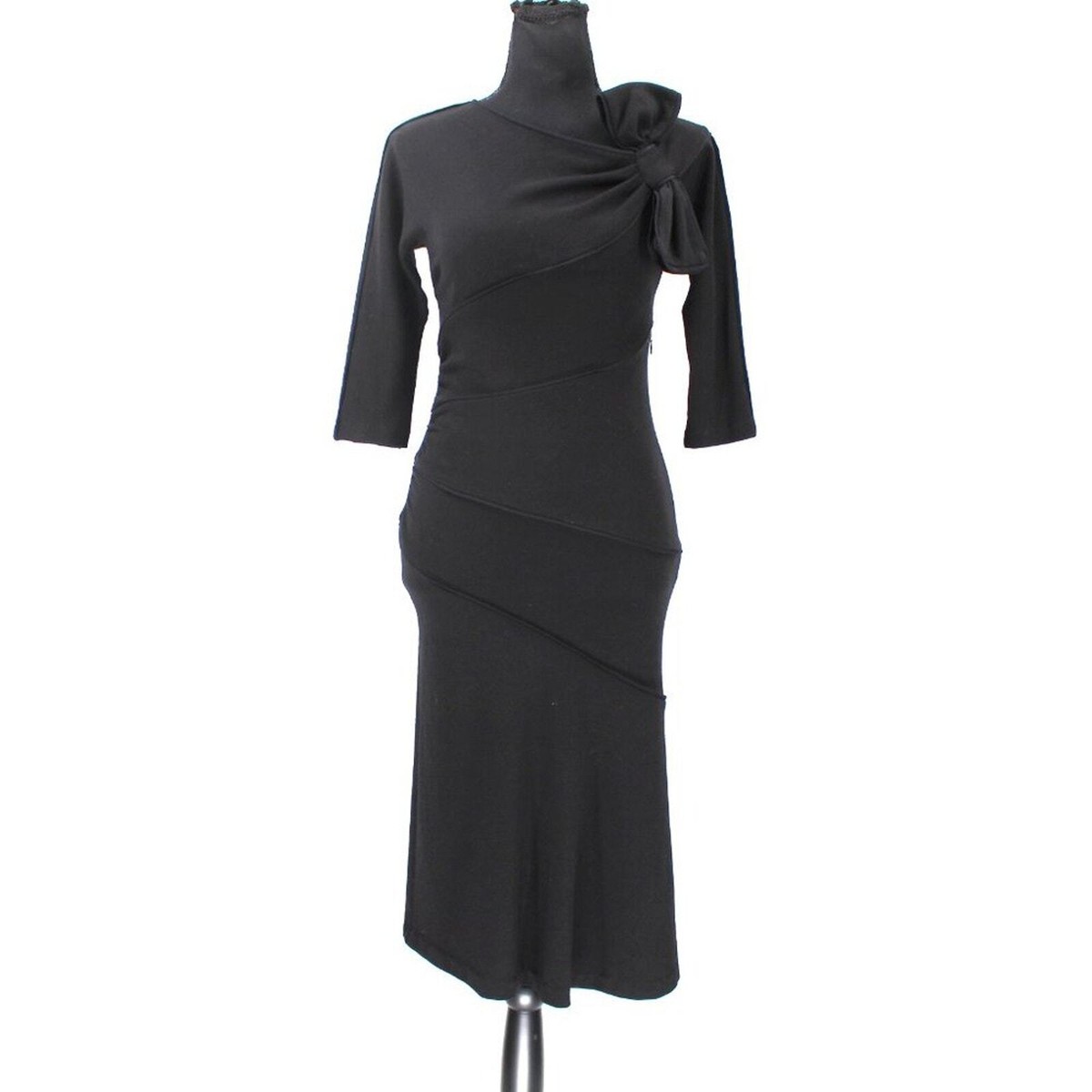 knee length dresses for ladies SINGLE SHOULDER BOW DETAIL FLARE MIDI DRESS WITH POCKETS (BLACK)