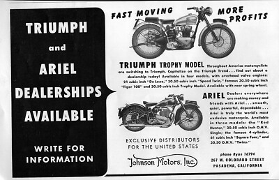 1949 Triumph Trophy Ariel Square Four Motorcycle Original Ad