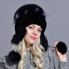 Echt Kaninchenfell Mütze Mit Ohrenklappen und Fuchspelz Bommel Damen Pompon 