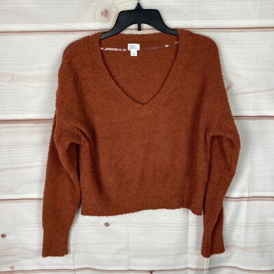 Stars Above Sweater Womens Small Brown V-Neck Long Sleeve Fuzzy Pullover  Solid