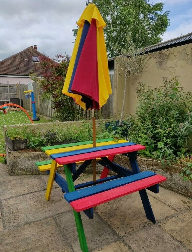 Children's Kids Wooden Rainbow Garden Picnic Table Bench Parasol Set Kids UK Najniższa cena wyzwanie