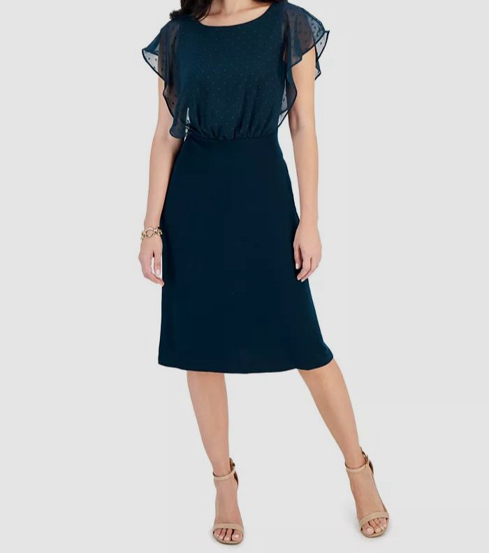 Connected Petite Clip-Dot Bodice Midi Dress - Dk.Mallard - Size 4P