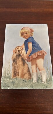 Large Antique KPM Hand Painted Girl and Irish Setter Porcelain Plaque