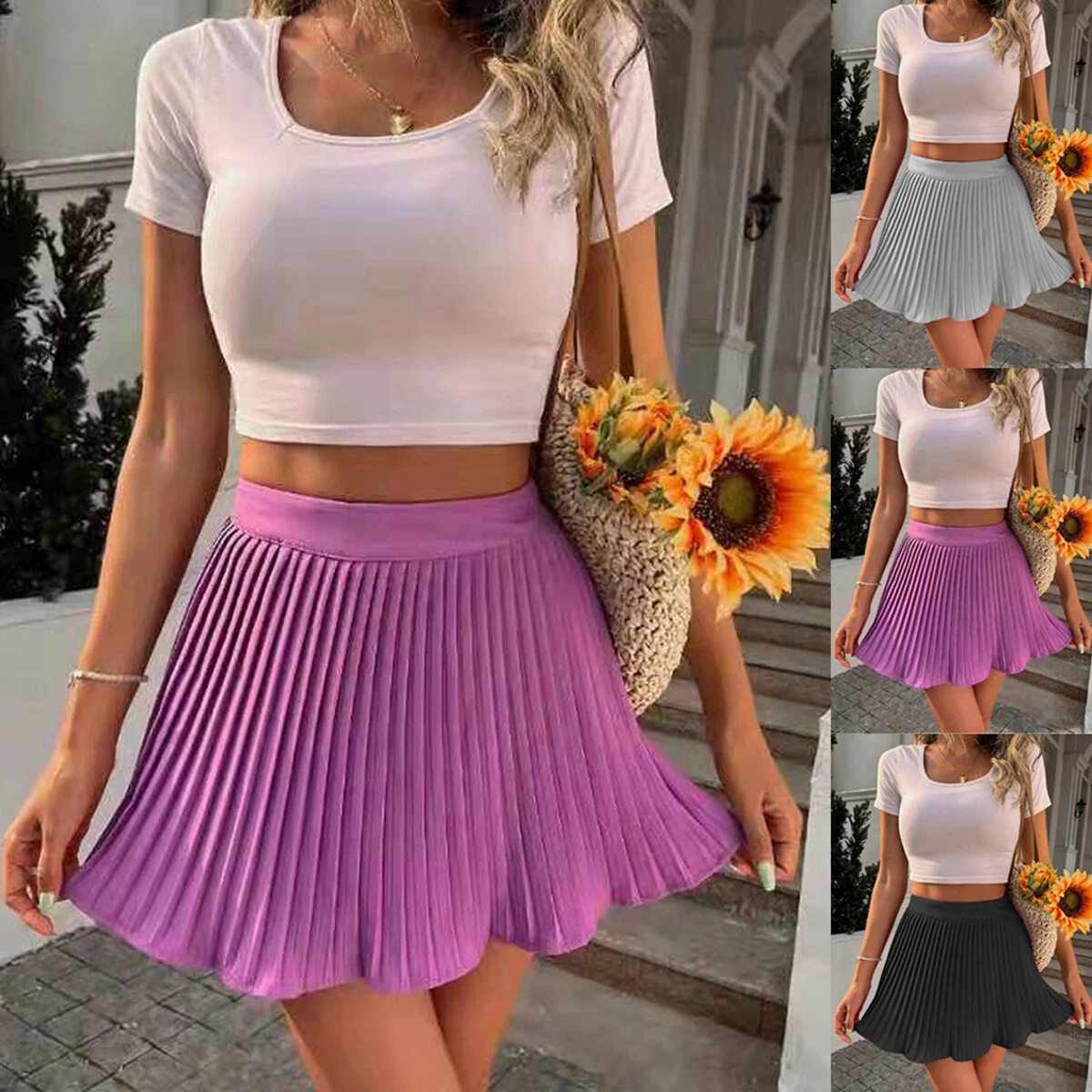 Women High Waist Mini Flared Pleated Skirt Short Skater Tennis Pencil  Dresses