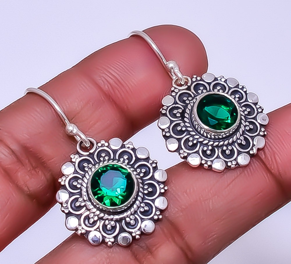 Simulated Emerald 925 Sterling Silver Bali Dangle Earrings 1.33 Inch