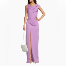 Black Halo Braden pleated side-slit column gown in purple size 8