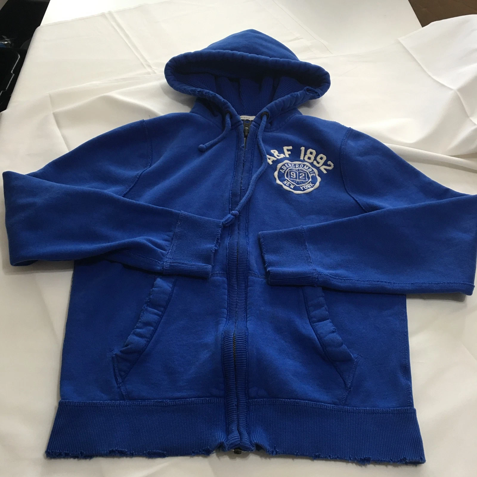 VTG Abercrombie & Fitch Full Zip Hoodie Y2K Mens M Muscle Distressed Jacket Blue