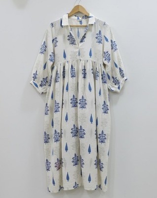 Women Kyra Midi Dress Cotton Block Print Boho Floral Summer Dress | eBay