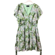 MINKPINK Floral Mini Dress Women's L Green V-Neck Ruffle Sleeve Tiered Boho