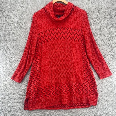 Ali Miles Top Womens Medium Red Geometric Textured Stretch Knit Cowl Neck Tunic