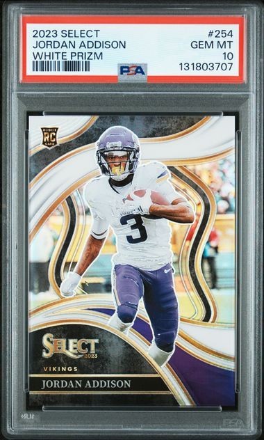 Jordan Addison 2023 Panini Select #254 White Prizm RC /35 Club Level PSA 10