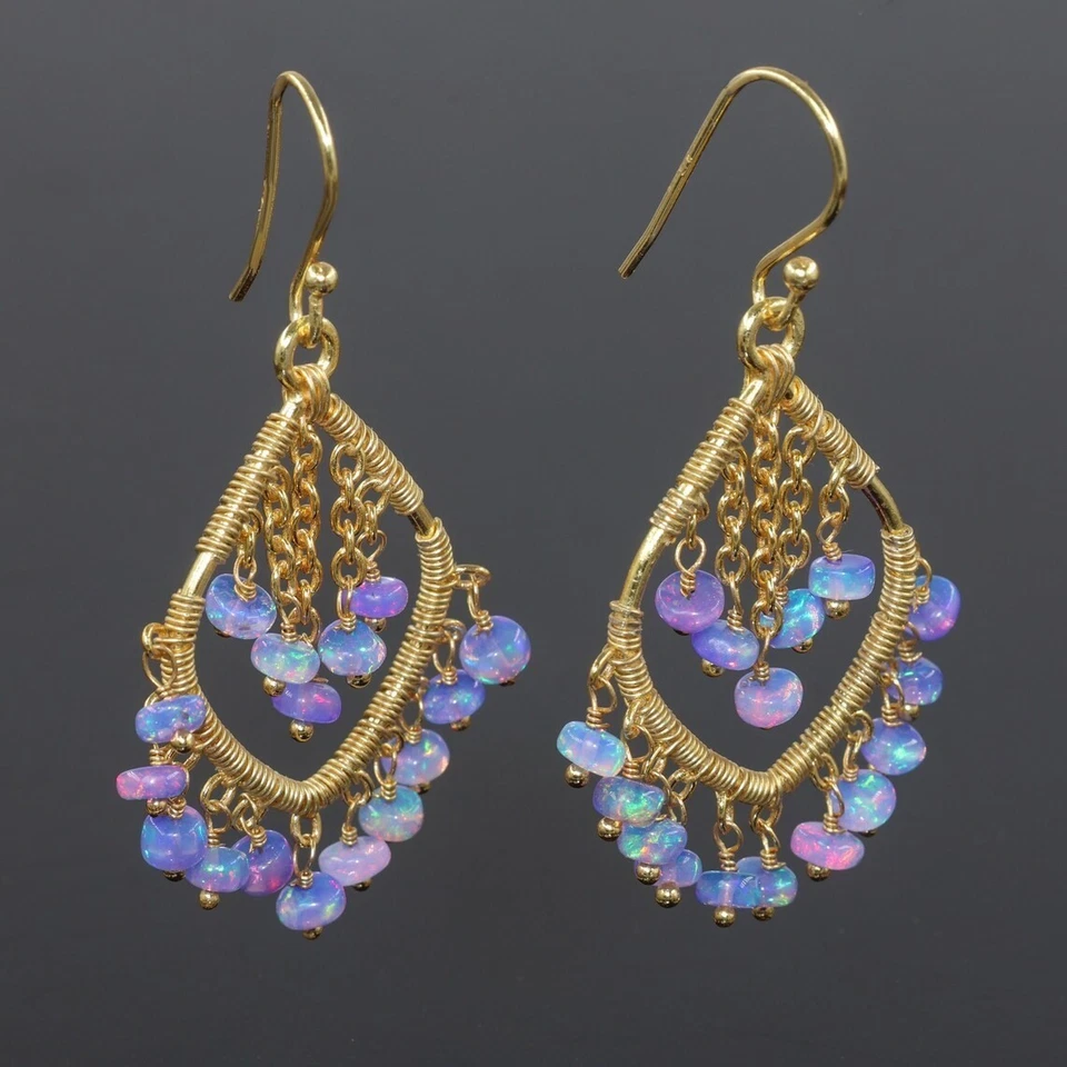 Orecchini lampadario opale di fuoco lavanda perline filo avvolto orecchini... - Immagine 3 di 4