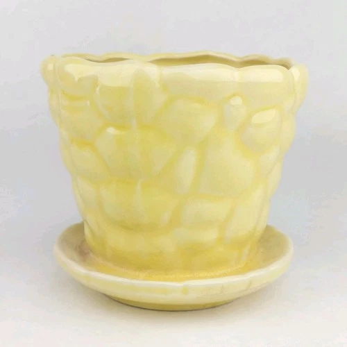 Vintage Brush McCoy Pottery Yellow Pebble Planter Pot w/ Saucer *PLEASE READ*