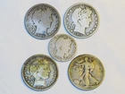 $2.25 Face Value 90% Silver US Coins: 4 Half Dollars and One Barber Quarter