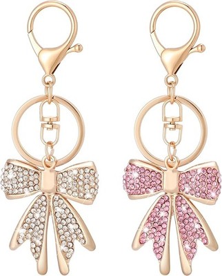 2 Pcs Cute Bow Keychain for Women, Sparkly Pink Rhinestone Bow Bag Charm Shiny G