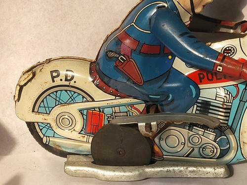 Tin toy 1950's KO-YOSHIYA-Japan mechanical lithoed PD/POLICE MOTORCYCLE good co. - Picture 9 of 24