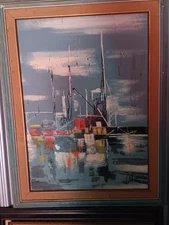 Oil Painting on board- A Harbor scene with 3 moored sailboats by Williams