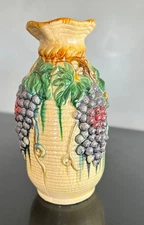 Vintage Majolica-Style Grape Vase — 14.5" Crackle Glaze, Applied Fruit Décor