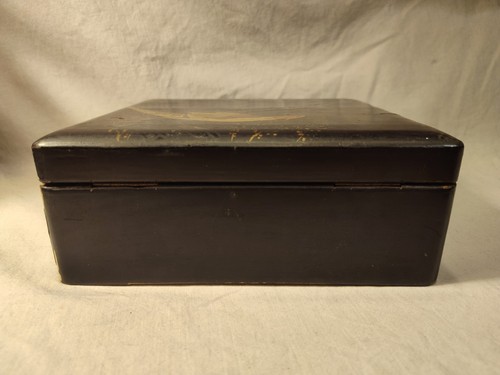 Antique Boho Shabby Chic Black Lacquer Japanese Box Pheasant Bird - Picture 12 of 23