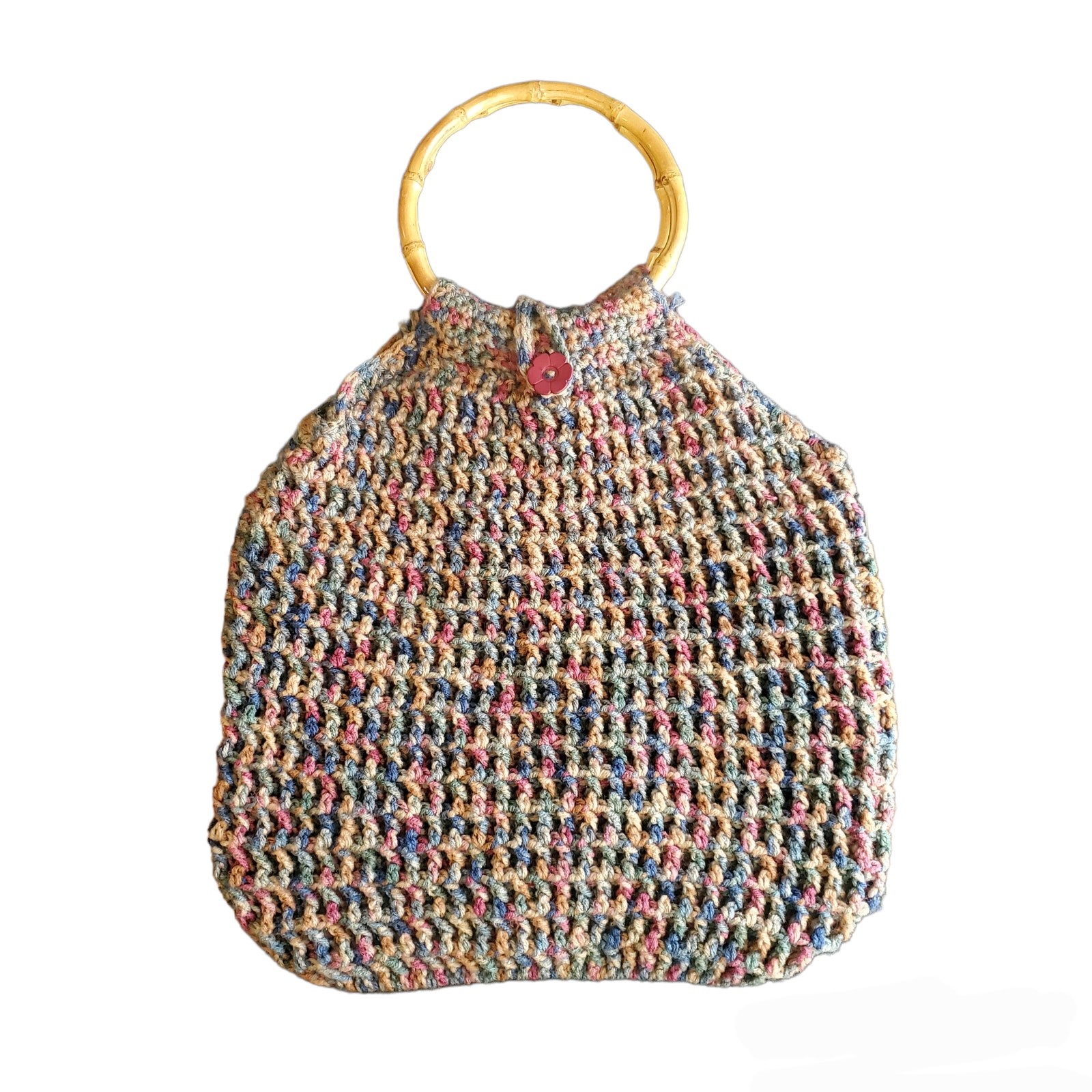 Vintage Crochet Tote with Bamboo Handles and Flower Loop