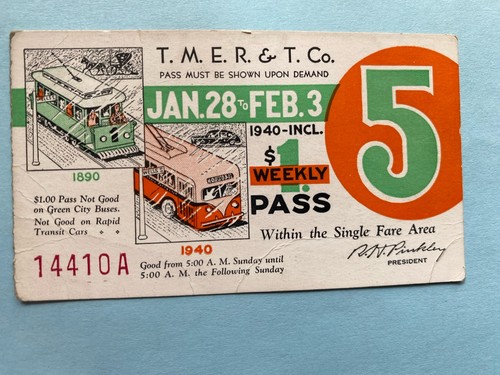 1940 T.M.E.R. & T. Co. Ticket Milwaukee Electric Railway Pass Streetcar Tram