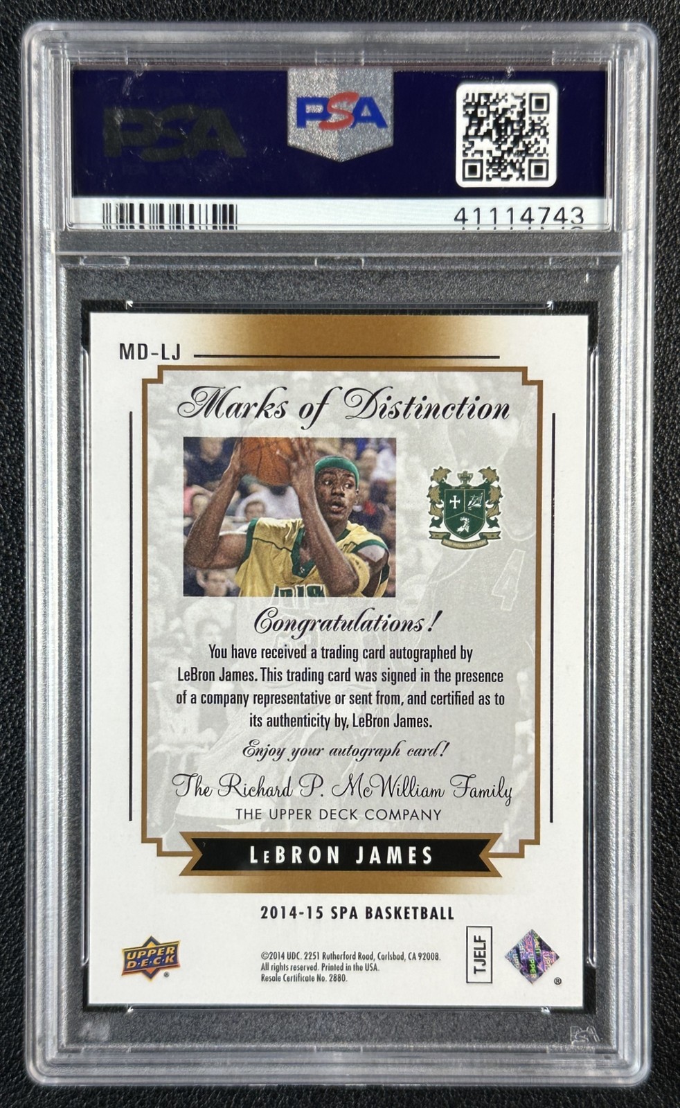 LEBRON JAMES PSA 10 2014-15 SP AUTHENTIC #MD-LJ MARKS OF DISTINCTION AUTO 11/23 view 2