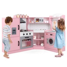 Toddler Kitchen Playset Corner Play Kitchen with Range Hood Pink