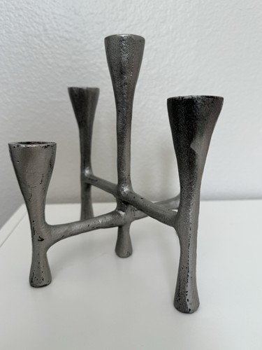 Vintage MCM Brutalist, Gothic, Grey Metal Candelabras, Danish Modern
