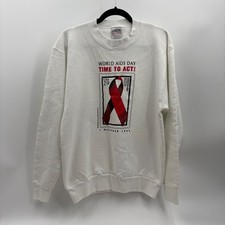 Vintage 1993 World AIDS Day Oneita Sweatshirt White Red Ribbon USA Made Large